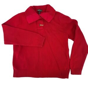 Lauren Ralph Lauren Y2K Red Cotton Knit Sweater Lobster Clasp Toggle XL Ribbed